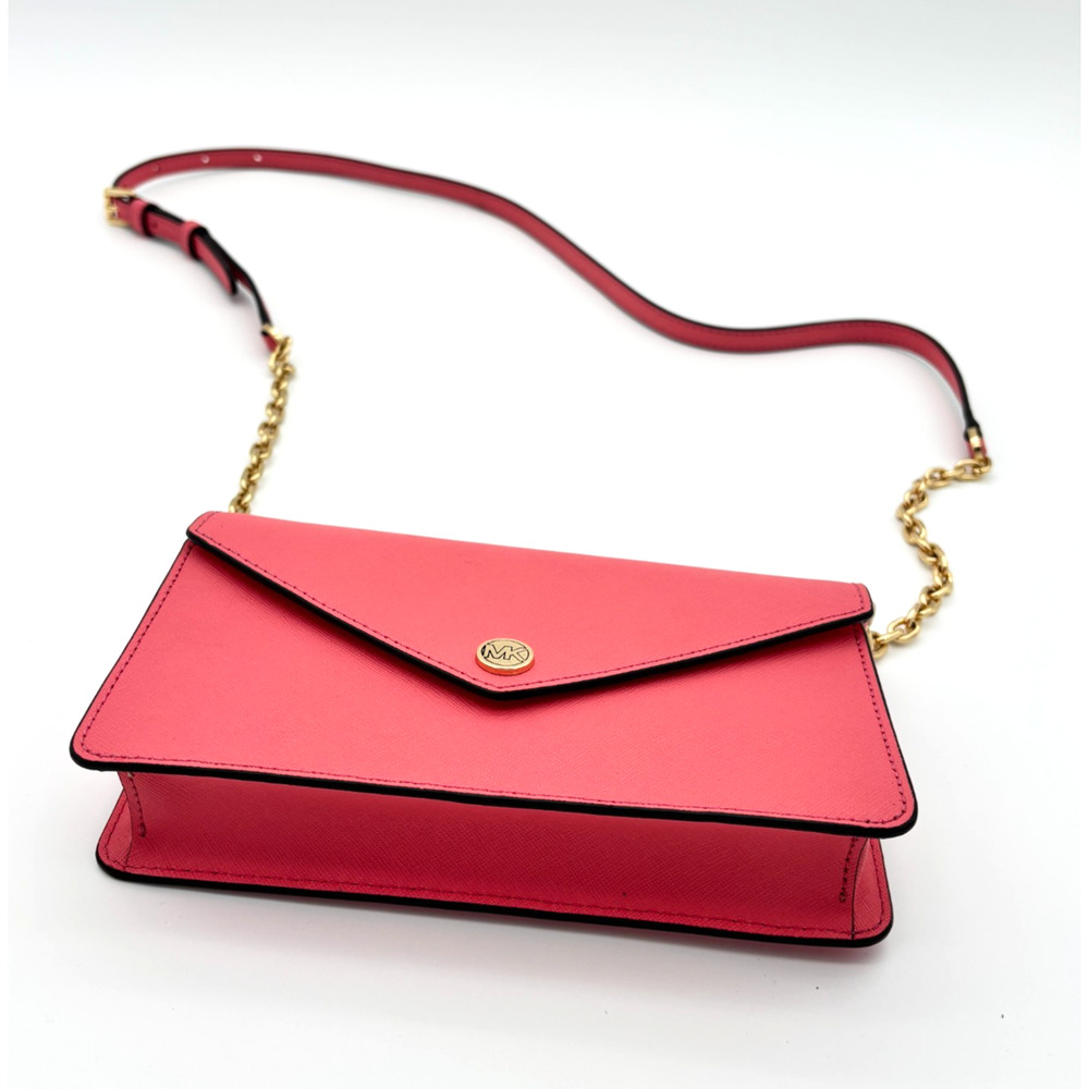 Michael Kors Saffiano Leather Envelope Crossbody Bag Chain Strap Coral Pink